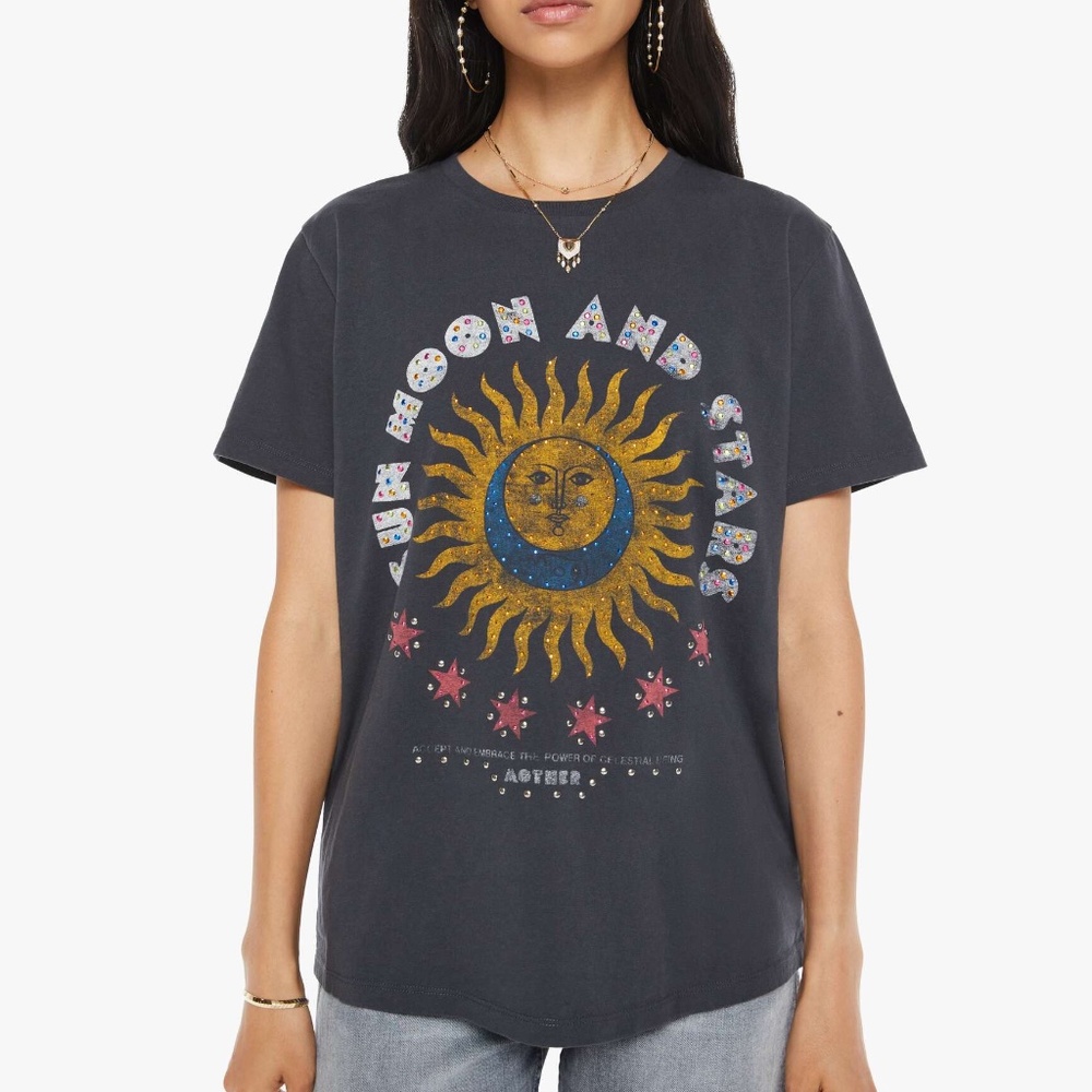 NWOT MOTHER The Rowdy Embellished Sun Moon Stars Graphic T-Shirt Size XL